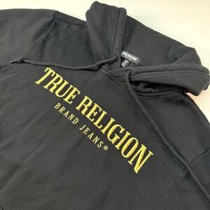 True Religion‎ Men's Large Black Hoodie Gold Logo Pullover Sweatshirt